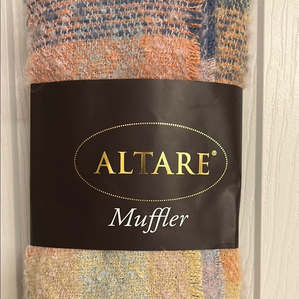 Altare Cream Blue Orange Plaid Muffler Scarf with Fringe Detail - Picture 6 of 7